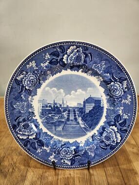 Vintage Wedgwood Lockport NY Erie Canal Plate Blue White Williams Bros England